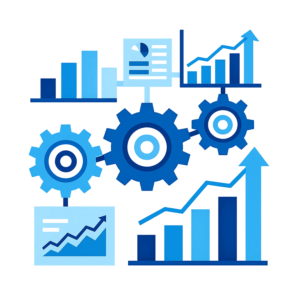 Dashboard de automatización financiera mostrando gráficos de crecimiento, engranajes de integración y métricas empresariales en tiempo real