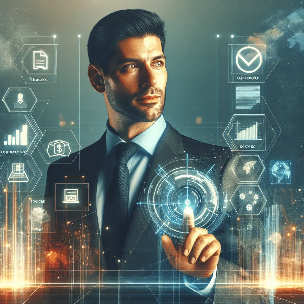 Un directivo español con traje profesional mira con confianza una pantalla holográfica que muestra gráficos financieros, facturas electrónicas y análisis de IA en una oficina moderna y futurista con sutiles detalles españoles en el fondo.