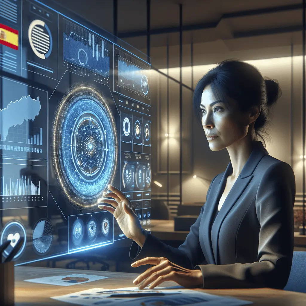 Director/a financiero/a de una pyme española en una oficina moderna, interactuando con un cuadro de mando holográfico con gráficos y datos de IA. La escena, en tonos azules y dorados, transmite innovación y profesionalidad.