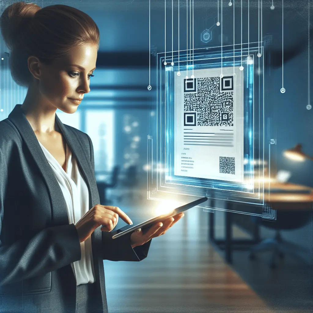 Director financiero en una oficina moderna revisando una factura digital con un código QR en una tablet.