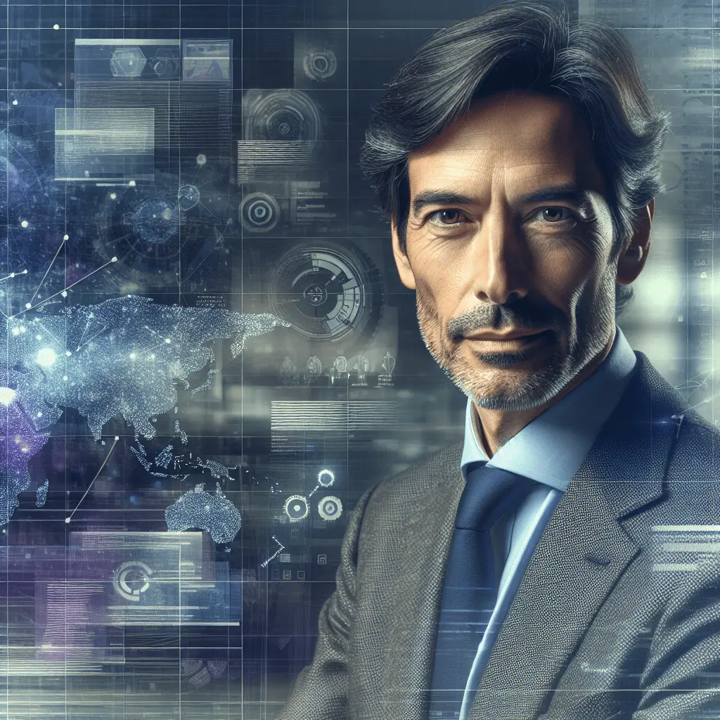 Director financiero de unos 45 años, con gesto de determinación, trabajando en una oficina moderna y digital. El fondo muestra gráficos y hologramas de facturas electrónicas en tonos azules, grises y dorados.