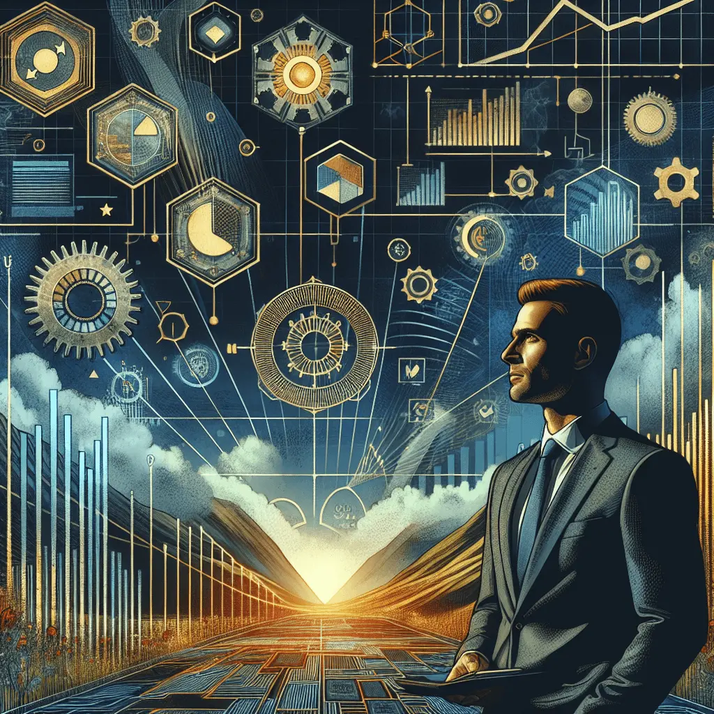 Un empresario español observa con confianza un panel digital con gráficos financieros positivos, en un entorno abstracto de engranajes y documentos regulatorios en tonos azul y dorado, simbolizando la automatización y el crecimiento.