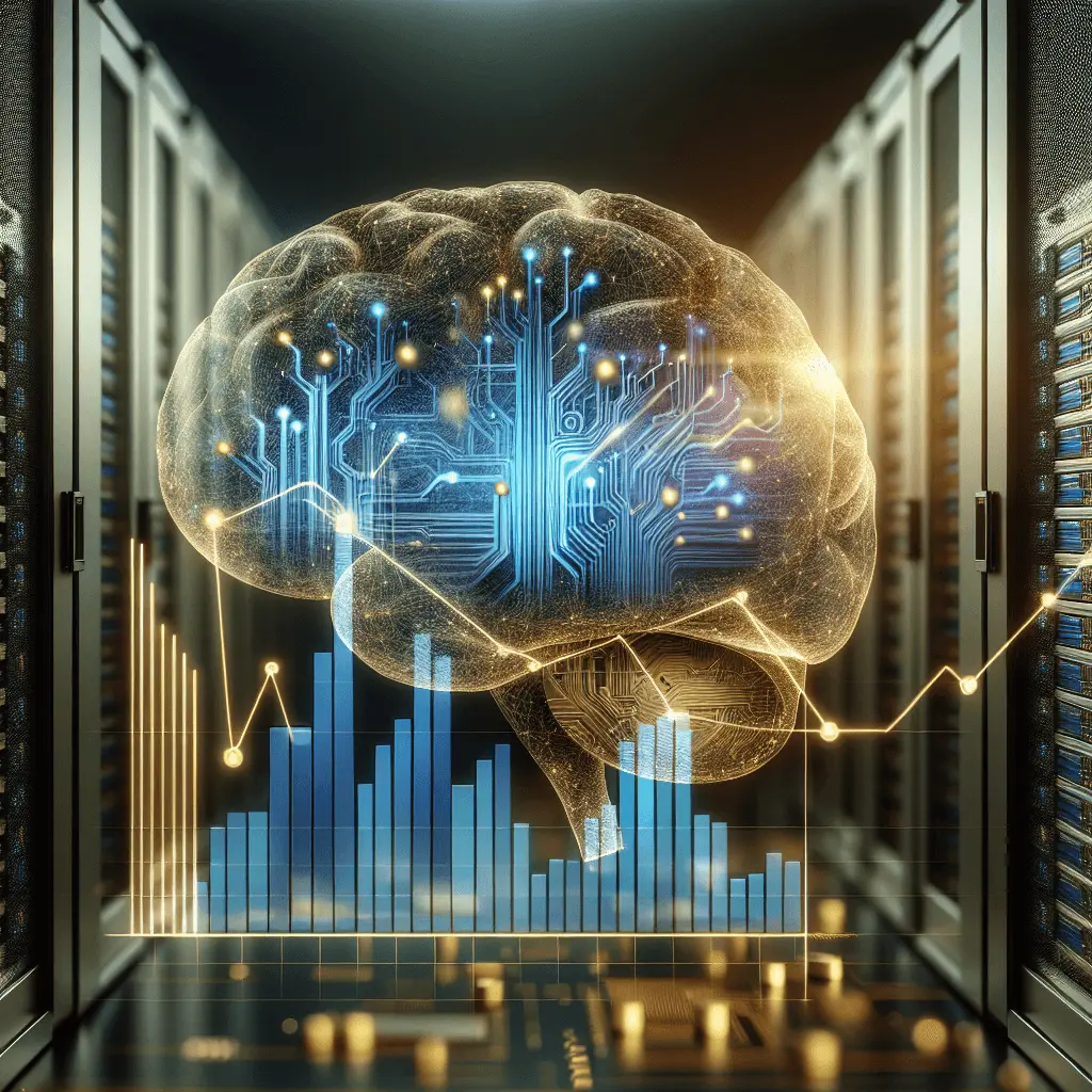 Representación digital estilizada de un cerebro con gráficos financieros en tonos azul y dorado emanando de él, sobre un fondo desenfocado de racks de servidores.