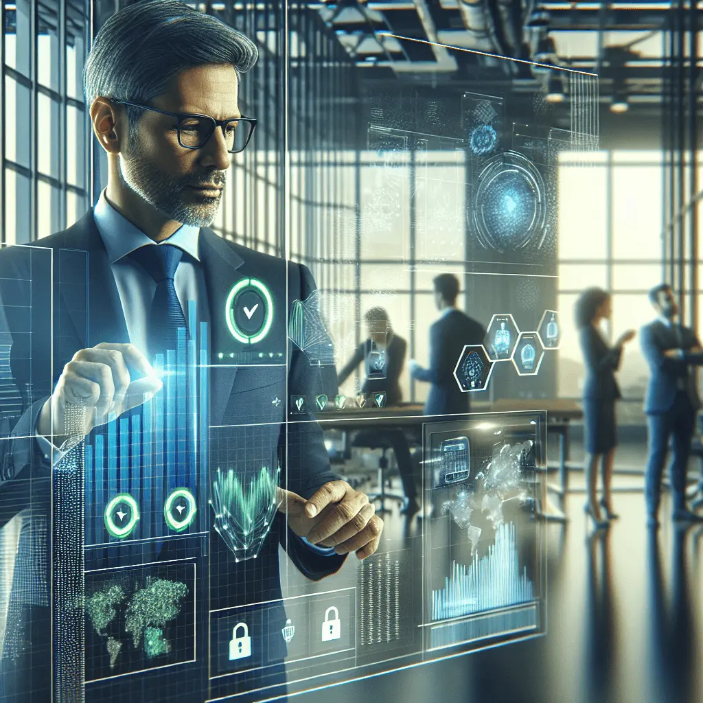 CFO en una oficina moderna en España visualizando datos financieros seguros en una pantalla digital transparente, que simboliza el cumplimiento de Verifactu, con el logo de AutomatizarPYME.