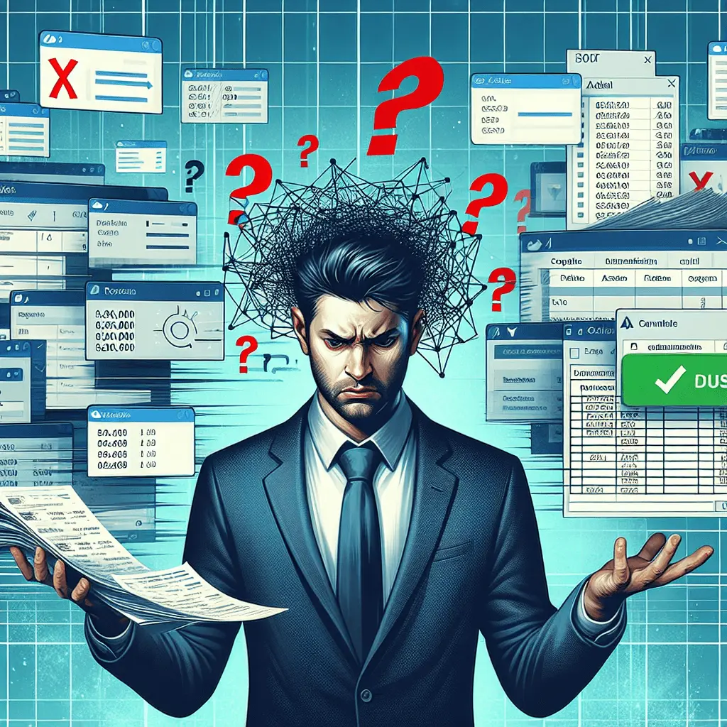 Imagen panorámica que contrasta a un director financiero frustrado con una hoja de cálculo caótica sobre VeriFactu a la izquierda, y una interfaz de software limpia y ordenada con una factura correcta y un check verde a la derecha, simbolizando la solución y el fácil cumplimiento.