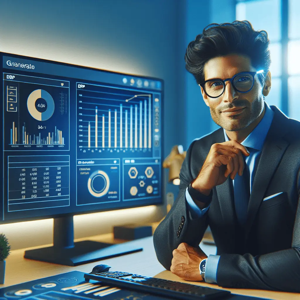 Un director financiero español en una oficina moderna con acentos azules y dorados, mirando una pantalla grande con un dashboard ERP que muestra gráficos de crecimiento positivos y KPIs financieros.