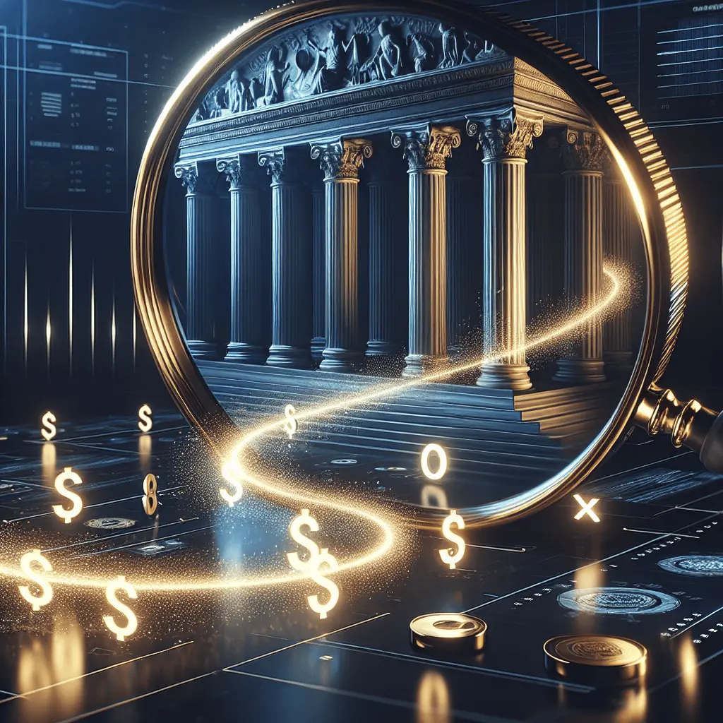 Ilustración conceptual con una lupa dorada examinando un flujo de iconos de pago digital que se dirige hacia un edificio gubernamental, simbolizando la regulación fiscal.