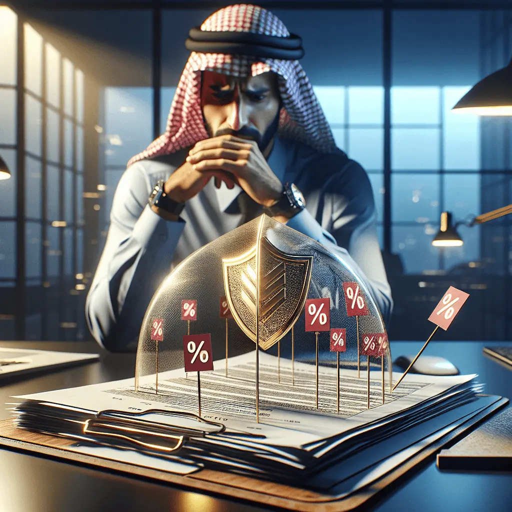 Empresario español en una oficina moderna mirando papeles con preocupación, mientras un escudo dorado transparente desvía flechas rojas con símbolos de porcentaje, simbolizando protección financiera.