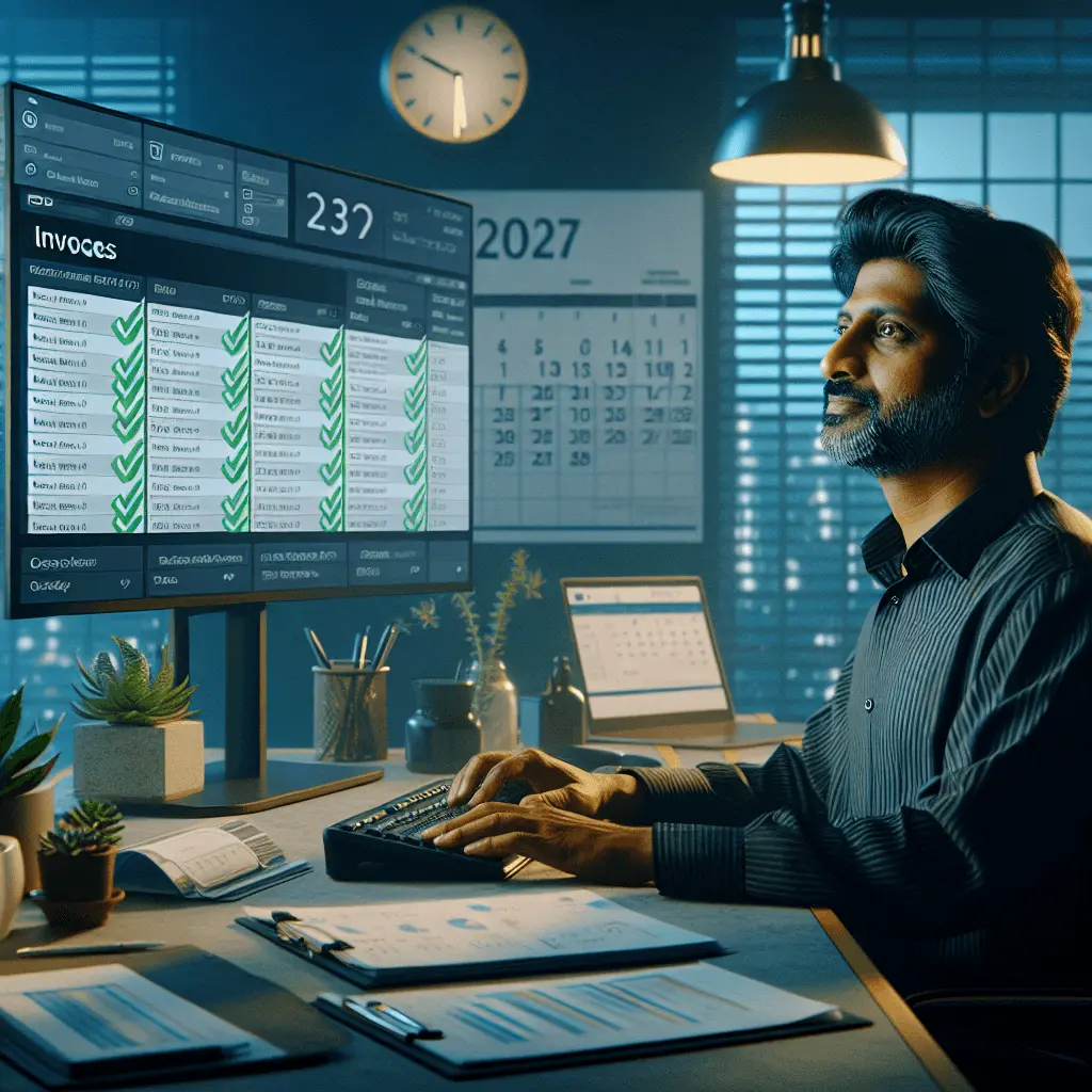 Empresario español aliviado y confiado en su escritorio. En la pantalla de su ordenador se ve una interfaz de ERP con facturas conformes y un check verde. Un calendario al fondo marca el año 2027.