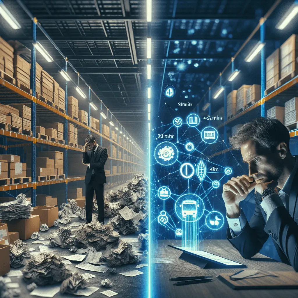 Imagen comparativa de un almacén antes y después de usar Odoo. La izquierda muestra un entorno caótico y manual que toma 40 minutos, la derecha un entorno optimizado y digital que toma 5 minutos.