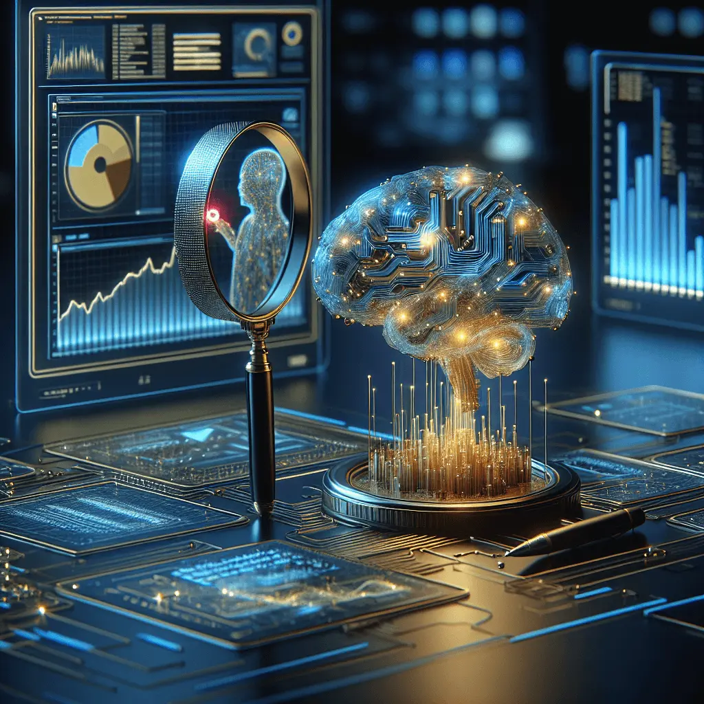 Un cerebro transparente hecho de circuitos azules y dorados en primer plano, siendo analizado por una lupa futurista que resalta un punto de datos incorrecto en rojo. De fondo, un panel financiero holográfico muestra gráficos y números brillantes en una oficina oscura y moderna.