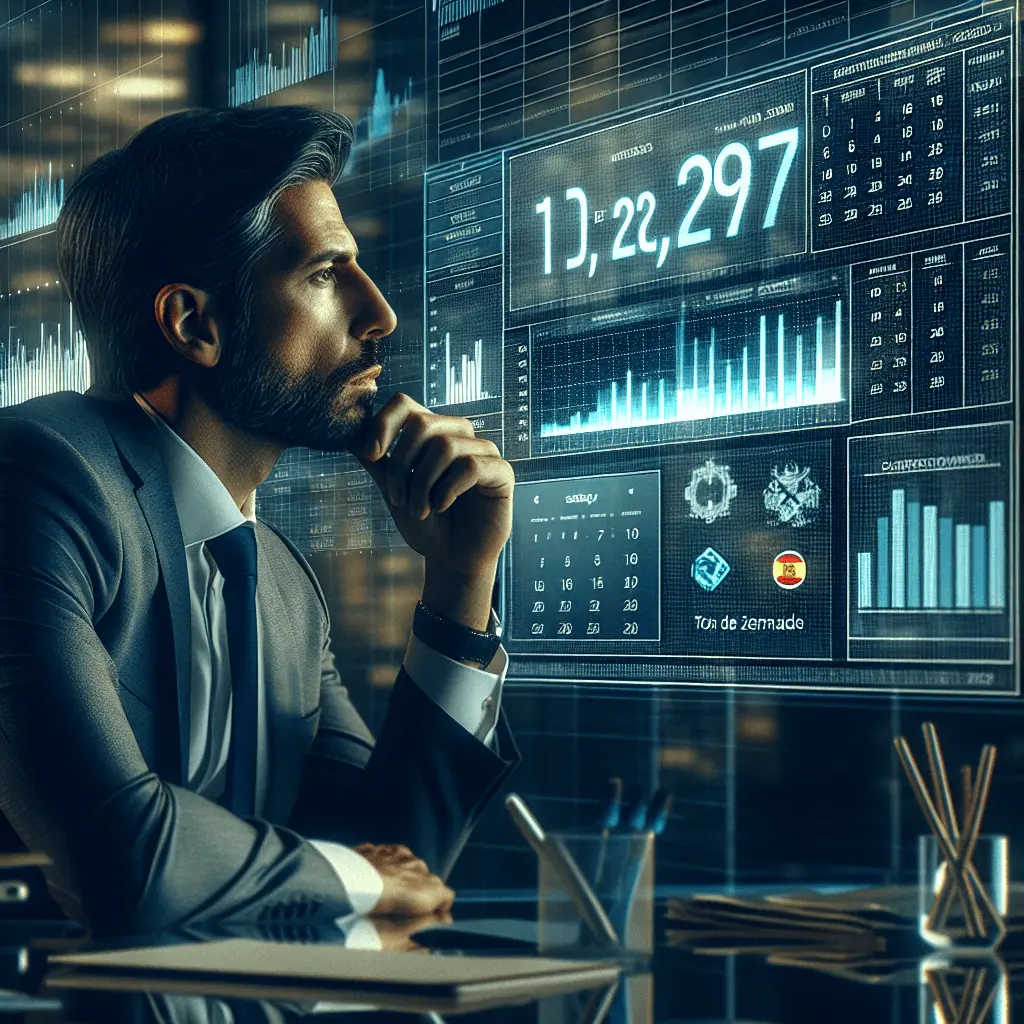 Director Financiero español en una oficina moderna mirando un calendario digital con la fecha '1 de Enero, 2027' destacada, simbolizando la planificación para la normativa Verifactu. Colores azules y dorados.