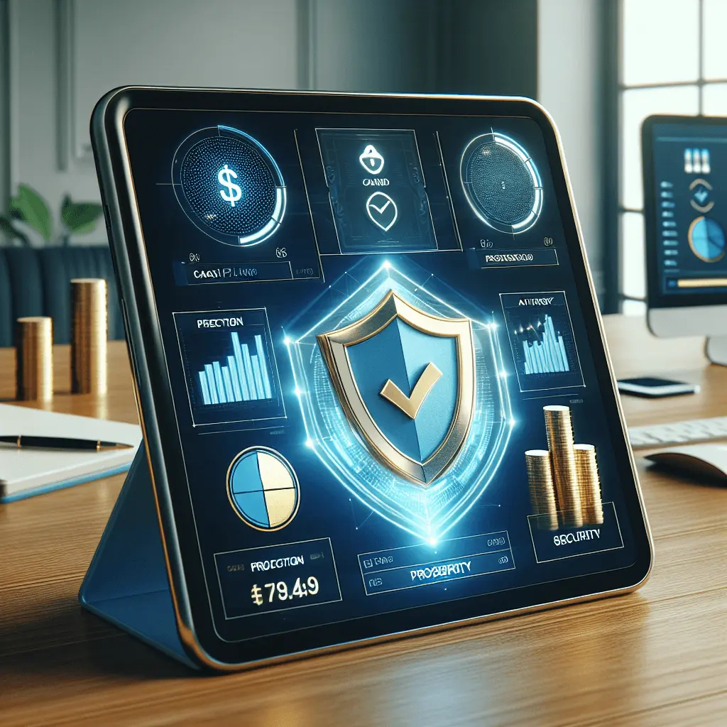 Oficina moderna con tablet mostrando gráficos de flujo de caja positivo y escudo, paleta azul y oro, ambiente financiero español.