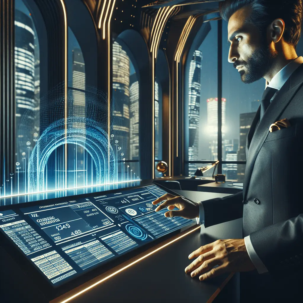 Un Director Financiero (CFO) profesional analiza facturas digitales en una pantalla de alta tecnología en una oficina financiera moderna en Madrid, con iluminación profesional y una paleta de colores azul y dorado.