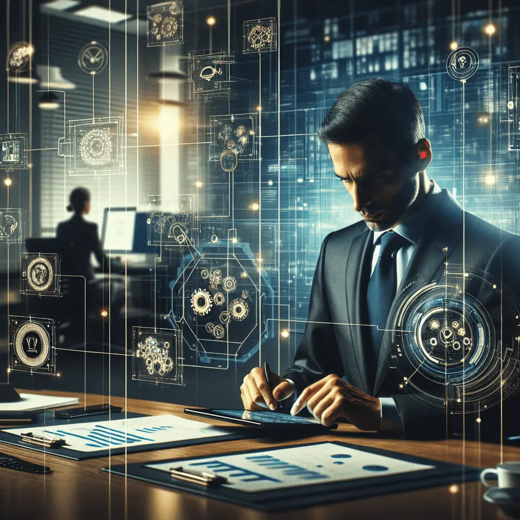 Escena panorámica 16:9 de automatización empresarial con una interfaz digital moderna en tonos azul marino y dorado, mostrando flujo de datos e iconos de engranajes, documentos y IA. Al fondo, una oficina de lujo en Madrid con un CFO mirando una tablet.