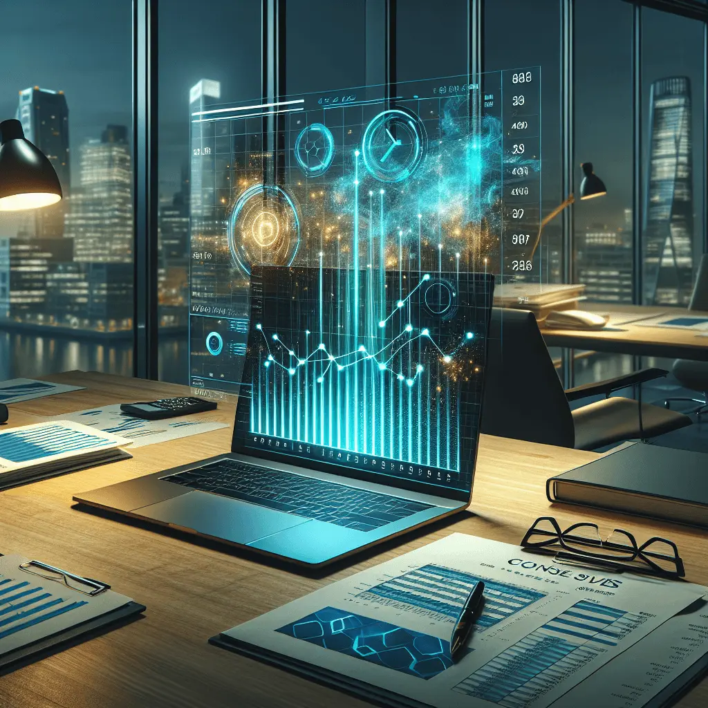 Una toma panorámica 16:9 de un escritorio de oficina moderno en Madrid. Un portátil elegante muestra una hoja de cálculo Excel sofisticada con tonos azules y dorados. Una interfaz holográfica de IA translúcida y brillante procesa extractos bancarios en papel a datos digitales. La escena tiene iluminación profesional y una estética corporativa con colores azul profundo y dorado.