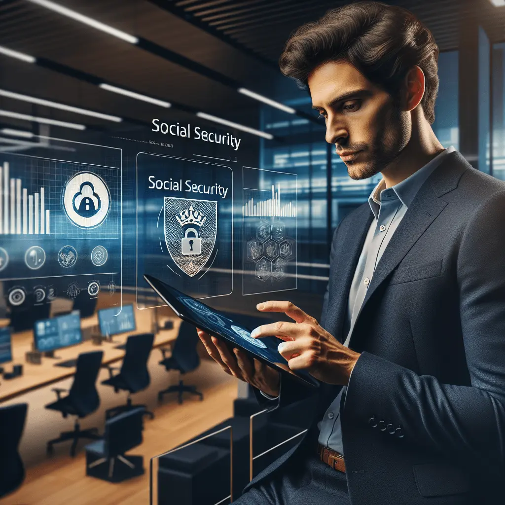 Un Director Financiero (CFO) español en una oficina moderna de Madrid, mirando un tablero digital en una tablet con gráficos financieros y el logo de la Seguridad Social. Colores azul marino y dorado.