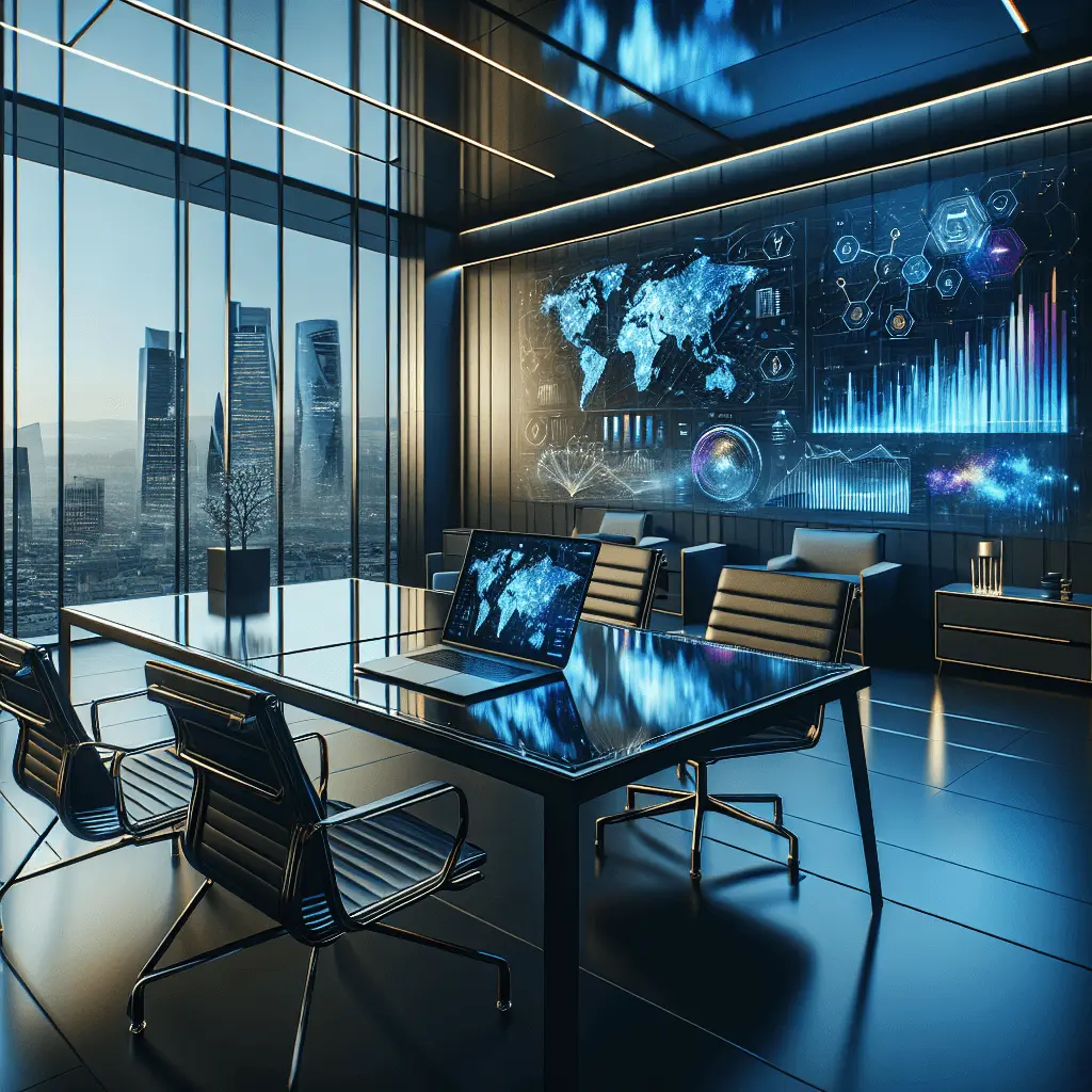 Oficina moderna de CFO con escritorio de cristal y laptop mostrando gráficos financieros azules y dorados con IA, y skyline difuminado de ciudad española.