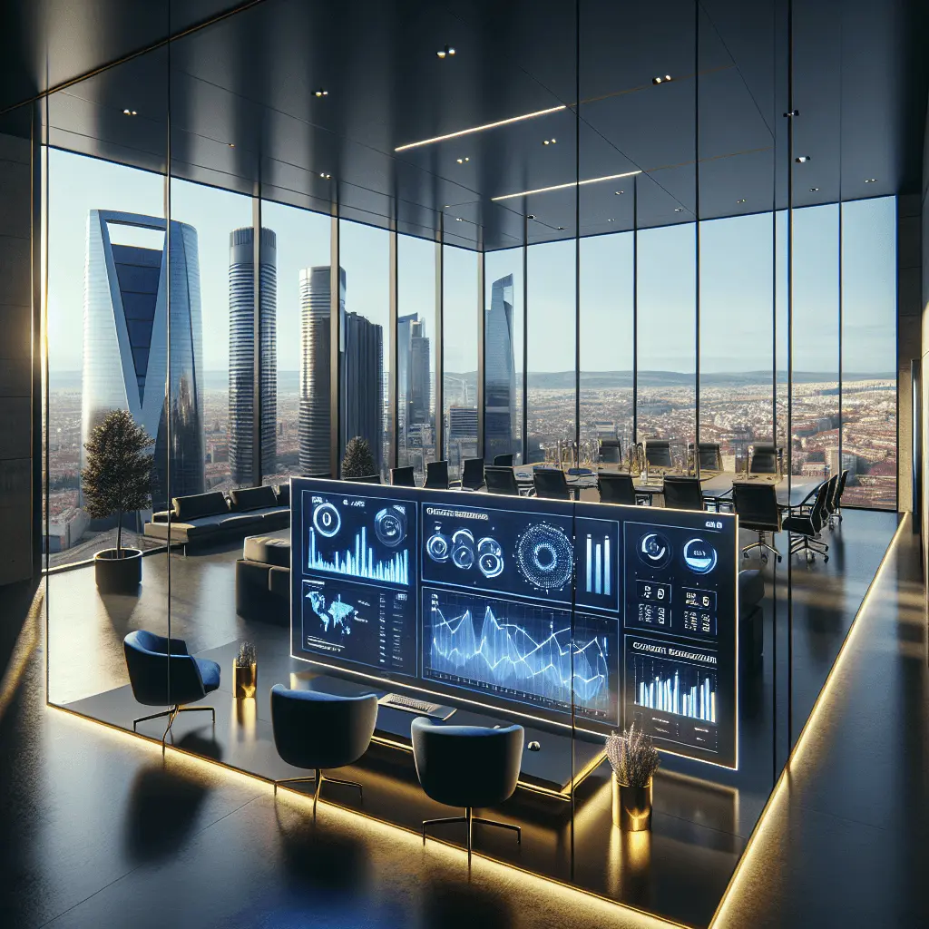 Toma cinematográfica 16:9 de una oficina financiera moderna en Madrid con vista al skyline. Un dashboard profesional muestra gráficos de crecimiento y datos CRM en una pantalla de cristal limpia. Estética corporativa con acentos azul profundo y dorado.
