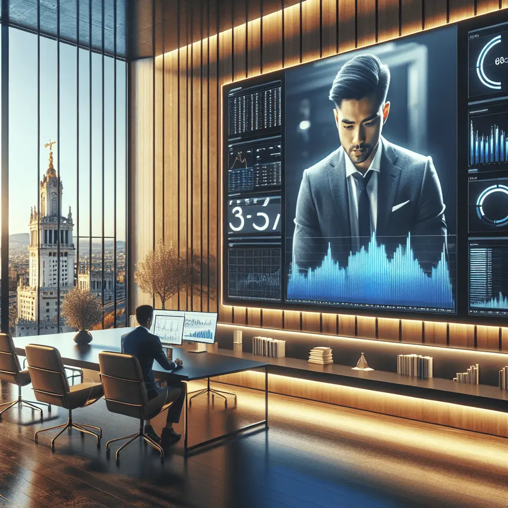CFO profesional en oficina moderna de Madrid, visualizando dashboard financiero en monitor elegante. Paleta azul y oro, estilo minimalista.
