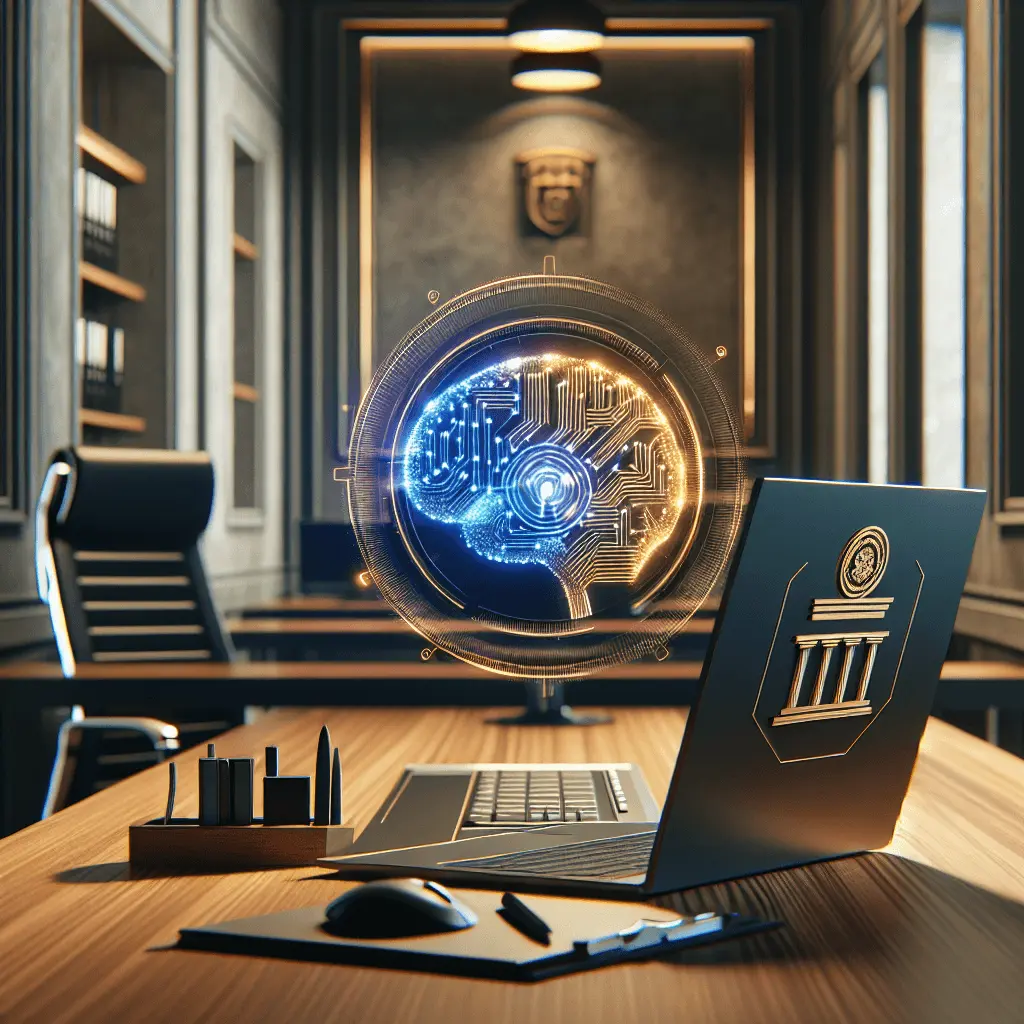 Oficina moderna en Madrid con un portátil mostrando el logo de la Agencia Tributaria española y un holograma de IA dorado y azul sobre un escritorio de madera. Ambiente minimalista y de alta tecnología.