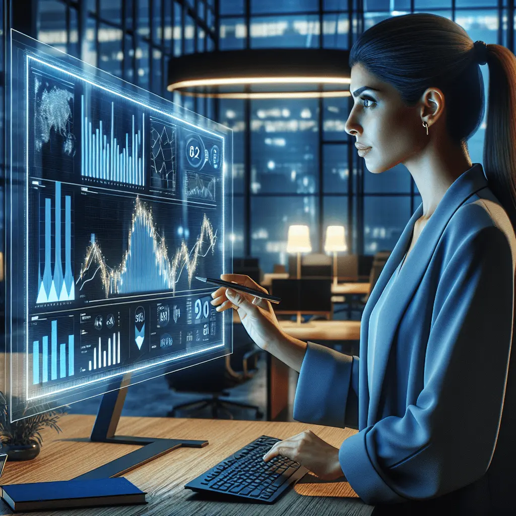 Plano general cinemático de un director financiero en una oficina corporativa moderna en España, revisando gráficos de crecimiento impulsados por IA en una interfaz digital, con iluminación profesional azul y dorada.