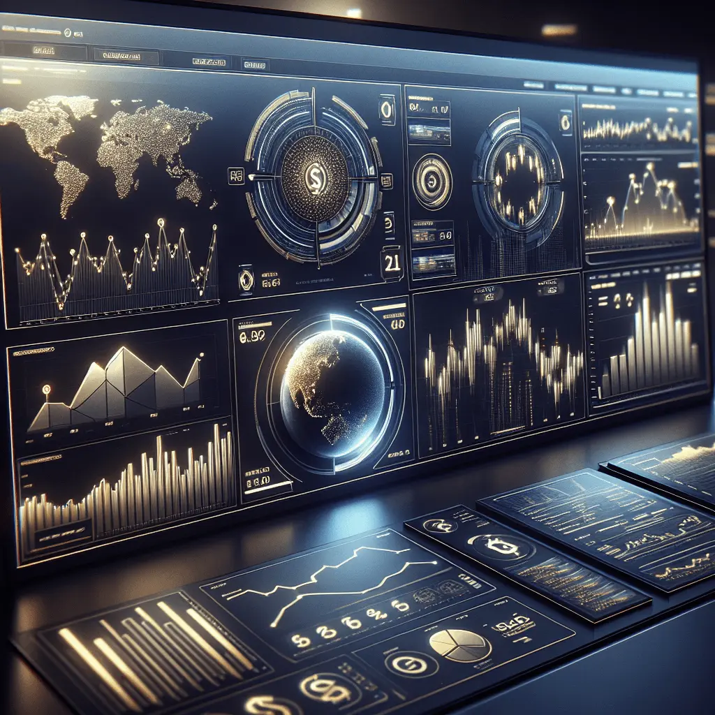 Panel de control financiero digital con gráficos de liquidez en tiempo real, símbolos de divisas y una paleta de colores azul marino profundo y dorado metálico.
