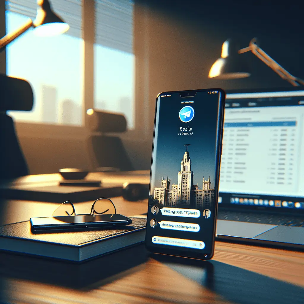 Una oficina profesional moderna en España con un escritorio de alta gama. Se ve un smartphone con una conversación de Telegram y un portátil mostrando Google Calendar. La iluminación es sutil, azul y dorada, creando una atmósfera cinematográfica y profesional. Proporción 16:9.