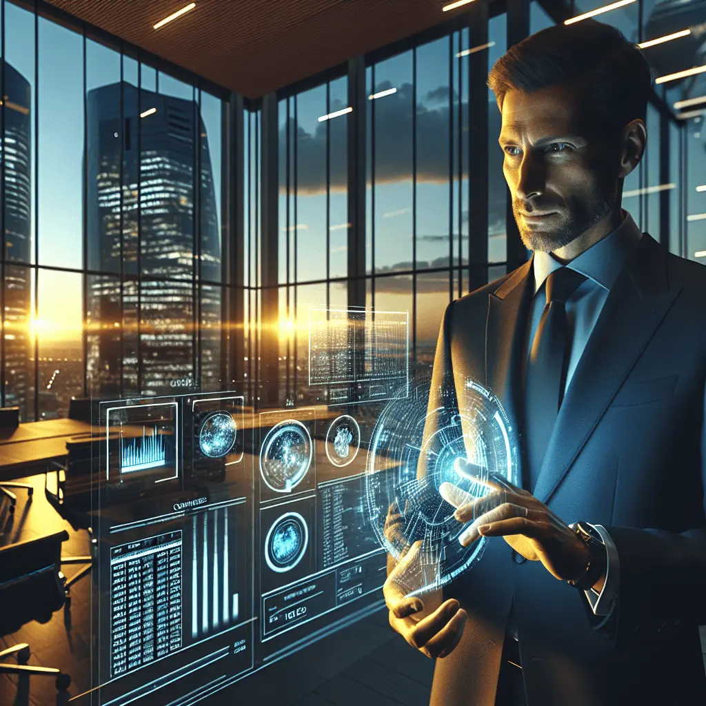 Un director financiero interactúa con una interfaz holográfica mostrando la conversión de datos de Google Gemini a Excel/PDF, en una oficina moderna en Madrid al atardecer.