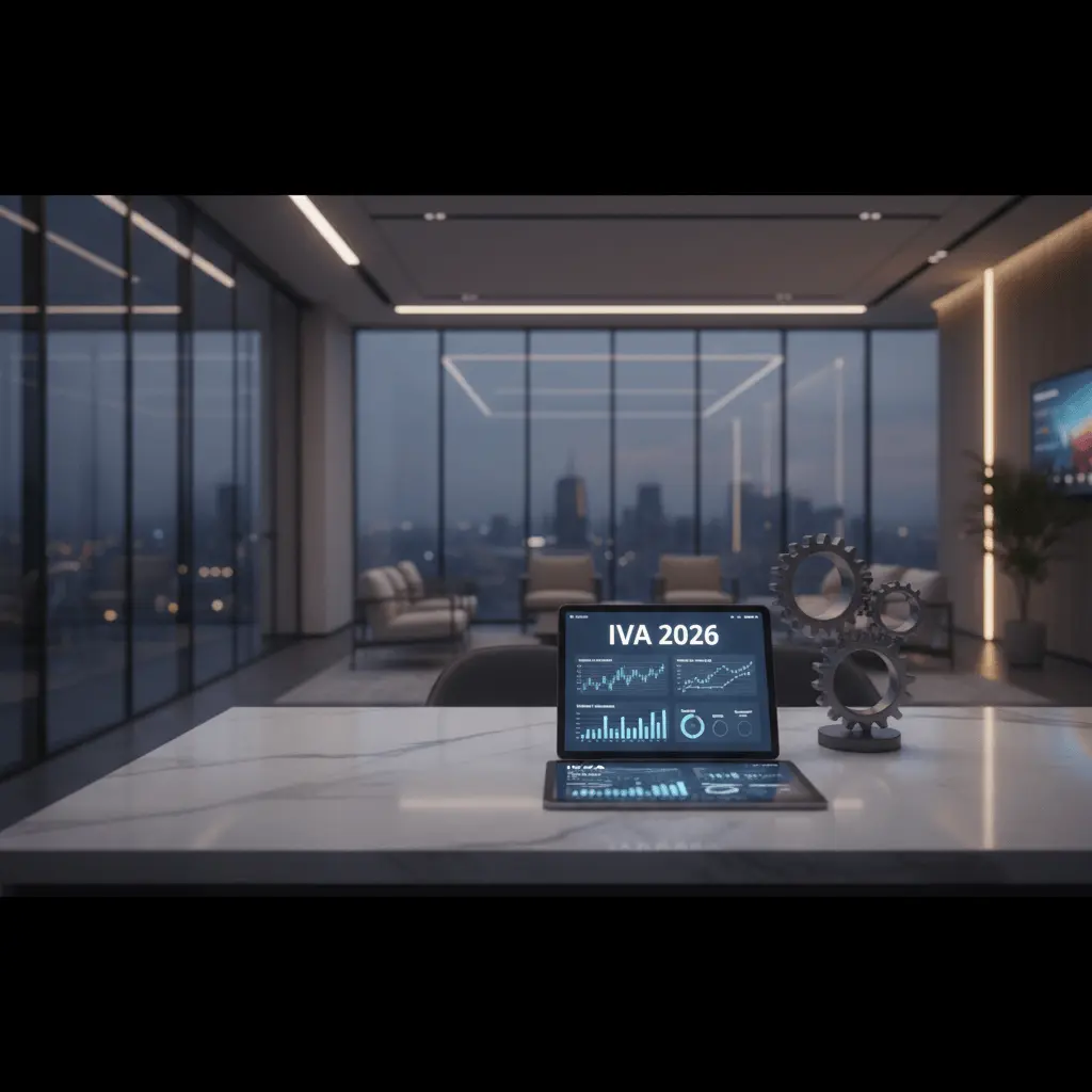 Imagen panorámica fotorrealista de una oficina de alta tecnología con tonos dorados y azules. Una tablet elegante sobre un escritorio de mármol muestra gráficos de crecimiento fiscal y el texto 'IVA 2026', simbolizando automatización corporativa.