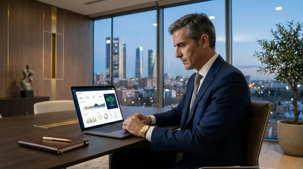 Un director financiero español profesional y elegante en una oficina ejecutiva moderna de Madrid, con iluminación cinematográfica, mira una pantalla de portátil de alta tecnología que muestra un panel financiero 'Verifactu Compliant' con una paleta de colores azul marino y dorado. Resolución 8k, relación de aspecto 16:9.
