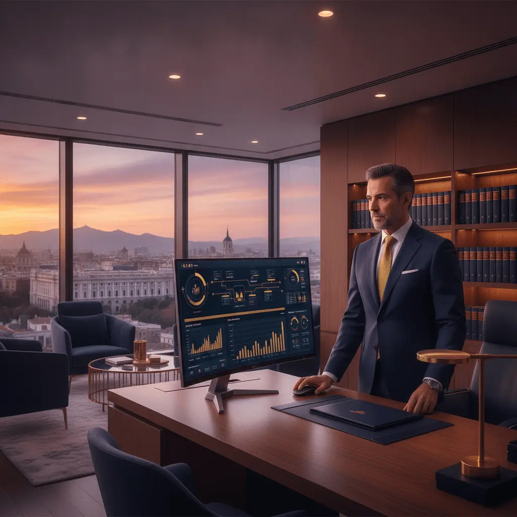 CFO o socio en moderna oficina de Madrid viendo dashboards financieros y flujos fiscales automatizados al atardecer, con paleta de azul marino y dorado.
