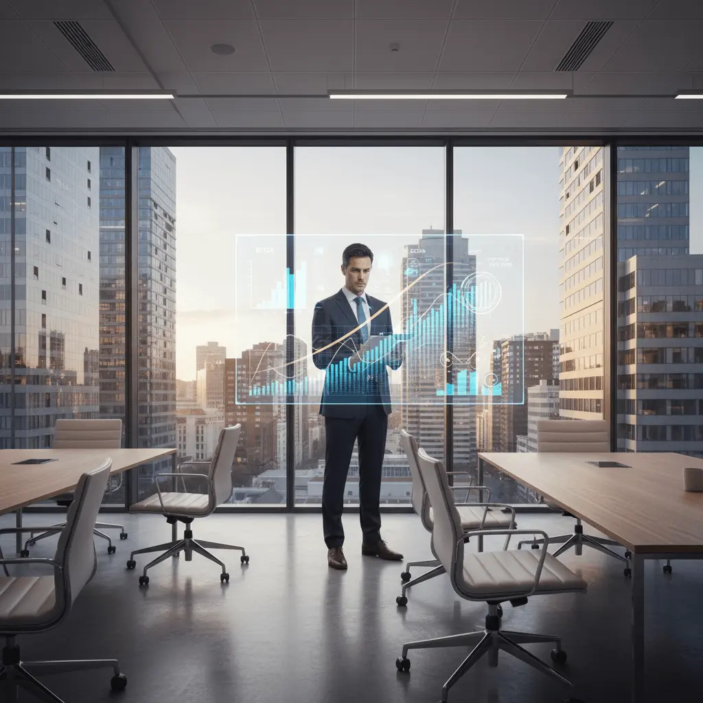 CFO en oficina moderna de Madrid viendo un dashboard holográfico con gráficos financieros (EBITDA, Flujo de Caja) en azul y dorado, con rascacielos de fondo.