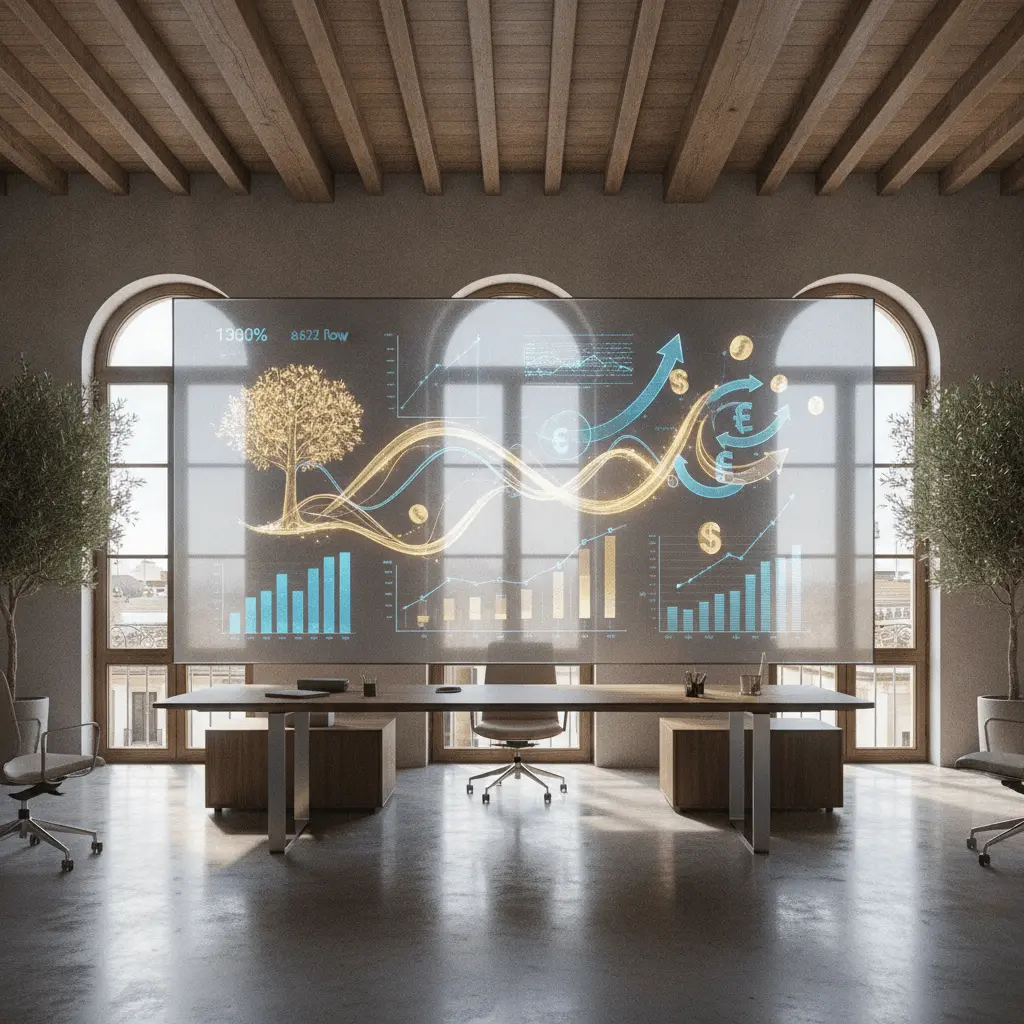 Amplio plano cinematográfico de una oficina española moderna, con un dashboard de CFO en una gran pantalla de cristal que muestra gráficos de datos de IA dorados y azules y proyecciones de flujo de caja en 3D.