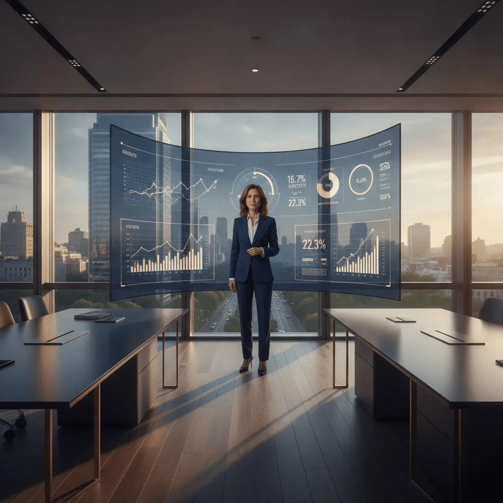 Un CFO en una oficina moderna de Madrid, mirando un panel de control digital con gráficos financieros. El ambiente es corporativo, con colores azul marino y dorado.