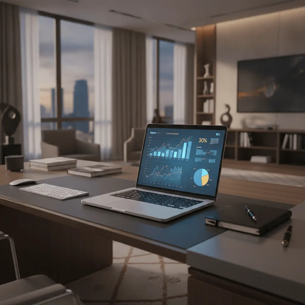 Un portátil elegante muestra un panel financiero con gráficos azules y dorados en el escritorio de un CFO en España. El fondo es una oficina moderna y minimalista con luz cálida.