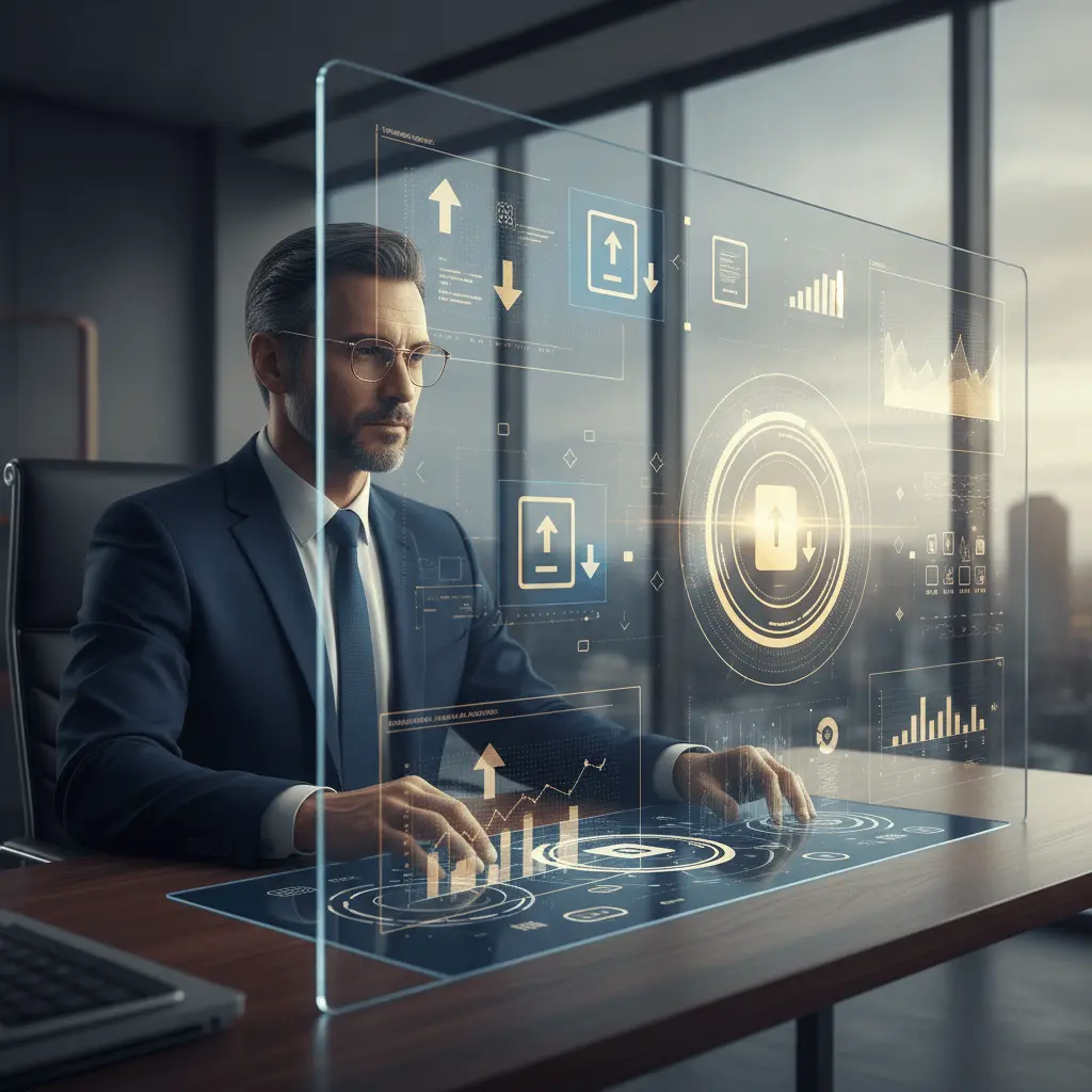 Director financiero en oficina profesional mirando un dashboard moderno con iconos de facturas electrónicas, tonos azul y dorado.