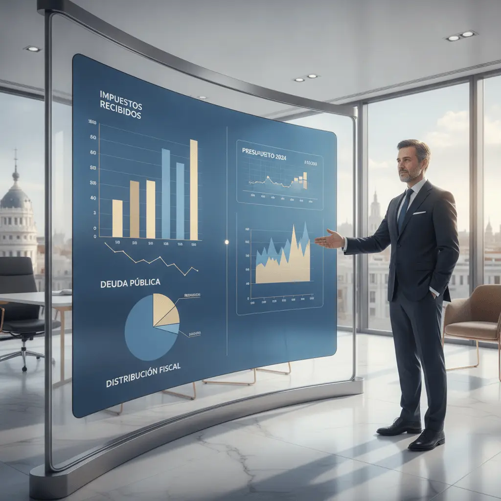Un CFO profesional en una oficina luminosa en Madrid revisa un moderno dashboard financiero con datos fiscales españoles, predominan los colores azul y dorado.