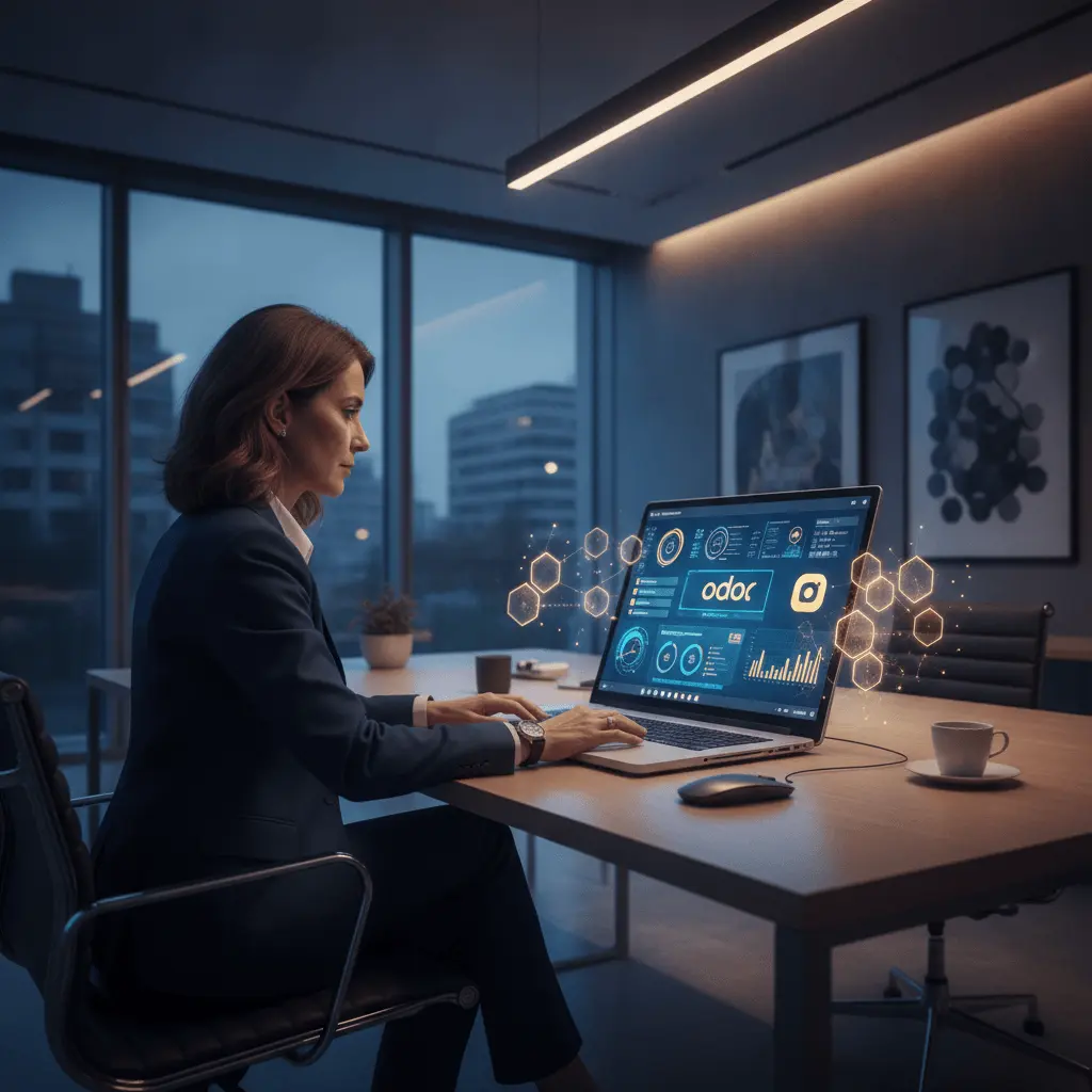 CFO en oficina moderna de España analizando métricas de RRHH en laptop con Odoo e IA, iluminación azul y dorada.