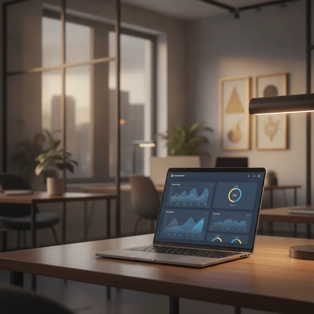 Laptop mostrando un dashboard financiero con gráficos y conciliación bancaria en un entorno de oficina profesional, colores azul y dorado.
