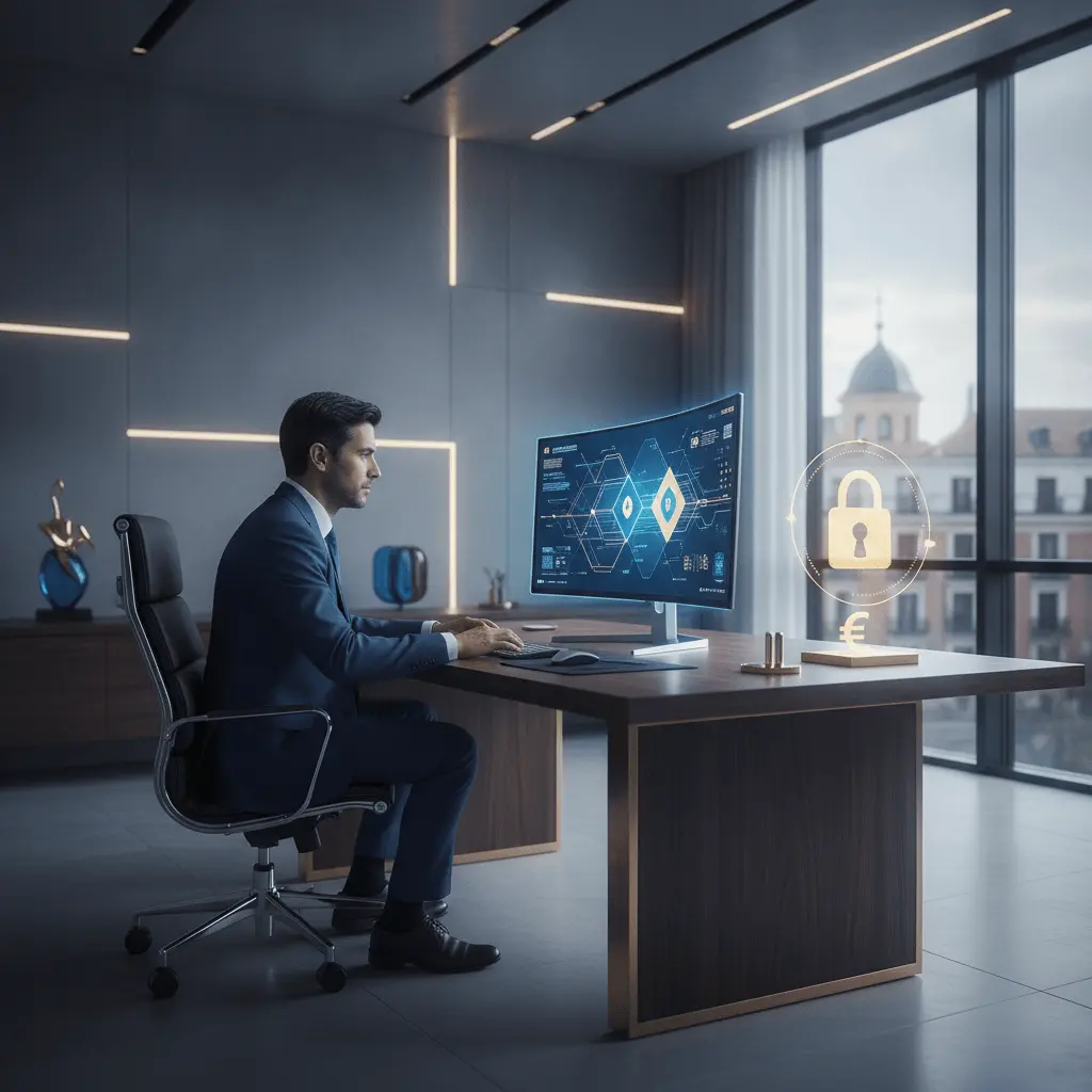 CFO en oficina moderna en España examinando facturas digitales en monitor avanzado, colores azul y oro.