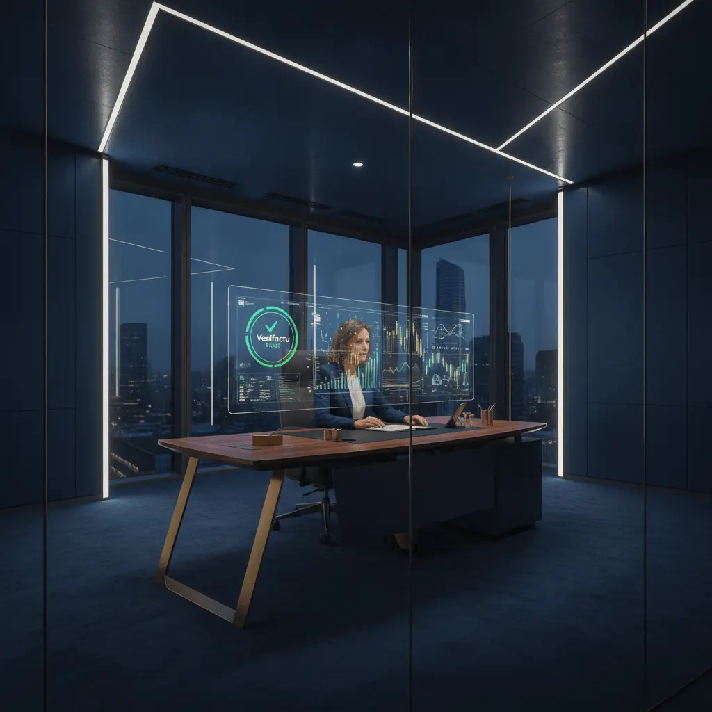 Un CFO en una oficina corporativa española de alta tecnología revisando un panel financiero digital con una marca de verificación 'Verifactu Ready' en verde, con iluminación cinematográfica y tonos azul marino y dorado.
