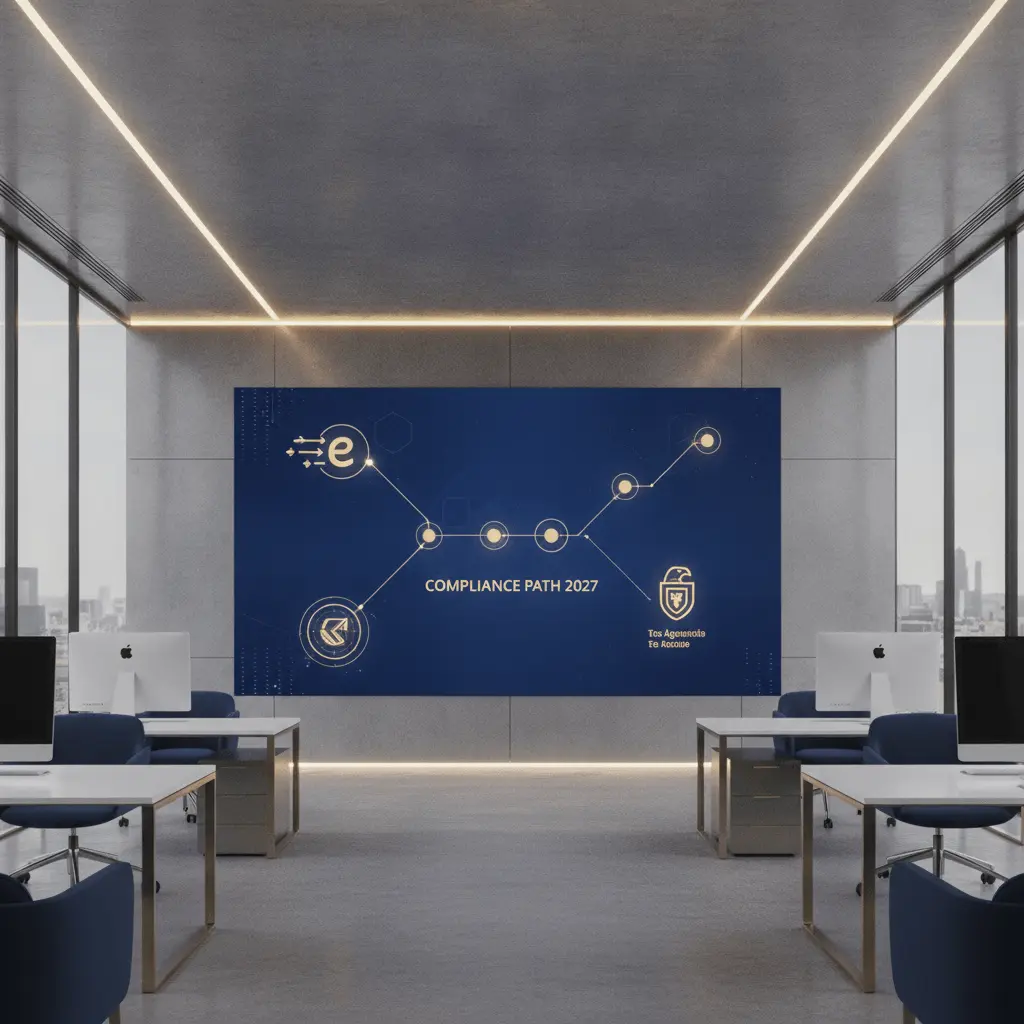 Oficina financiera moderna en España con tablero digital azul y dorado mostrando el cumplimiento fiscal 2027, con iconos de facturación electrónica y AEAT.